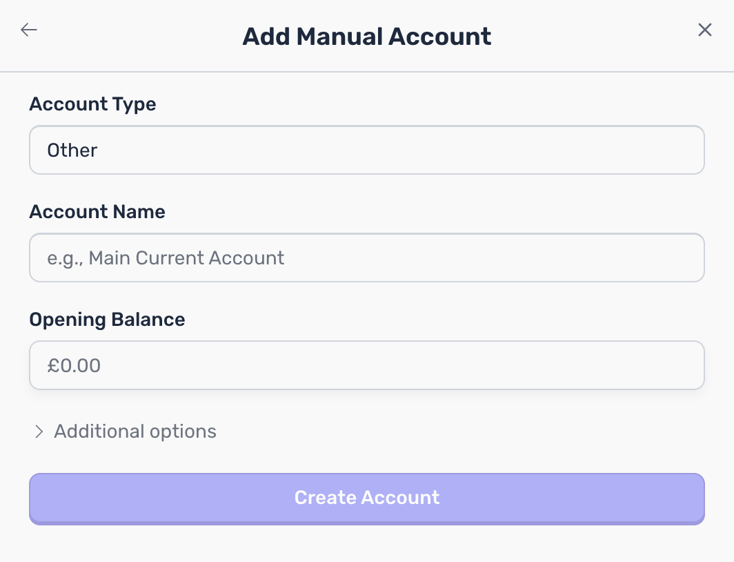 Add manual account form showing account type, name and opening balance