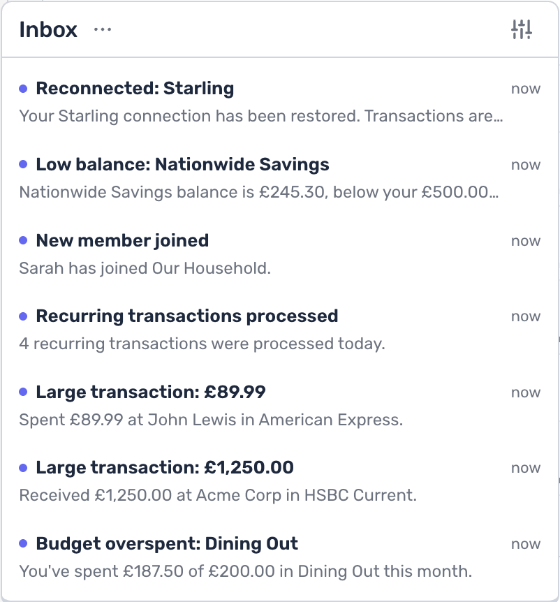 Notification inbox showing budget alerts, transaction alerts, and connection updates